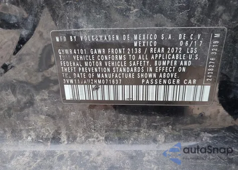 2017 Volkswagen Golf Tsi S 4-Door/Tsi Wolfsburg Edition 4-Door z USA, uszkodzony, nr VIN 3VW117AU2HM071637